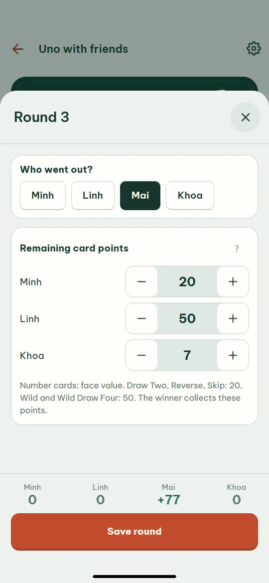 Card Scores: Score a Uno round