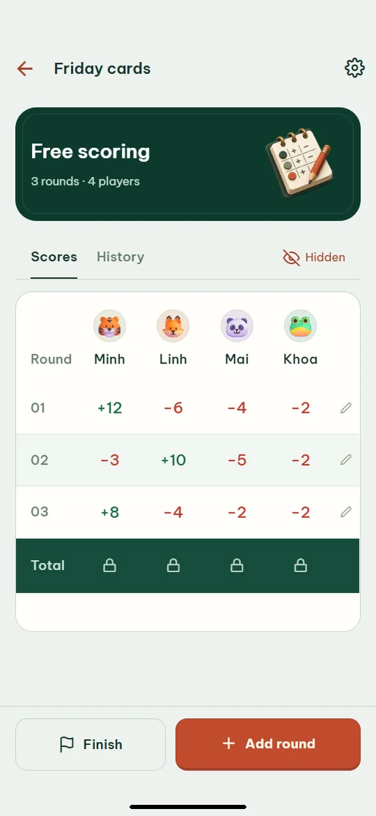 Card Scores: Keep totals hidden until the end