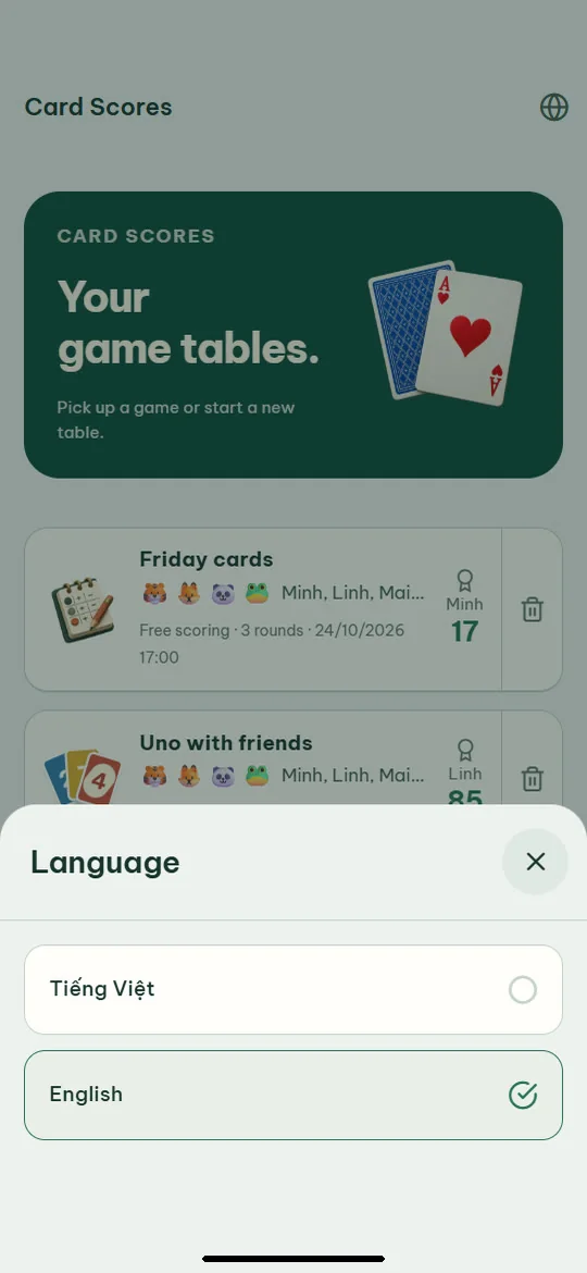 Card Scores: Choose Vietnamese or English