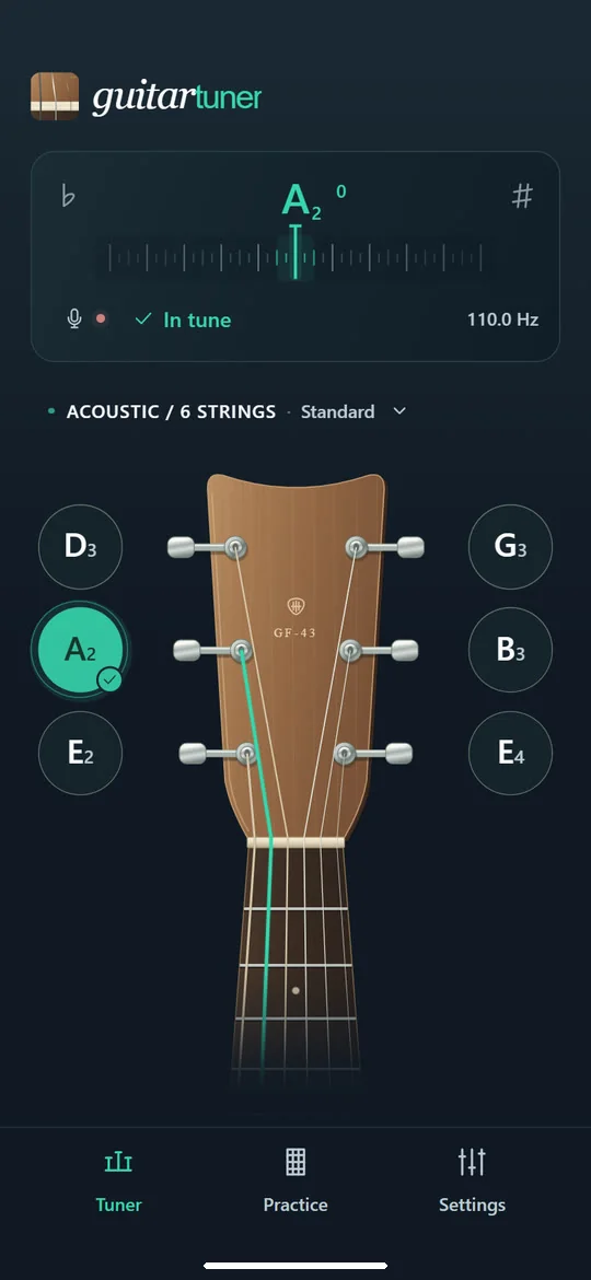Guitar Tuner: In tune, with string confirmation