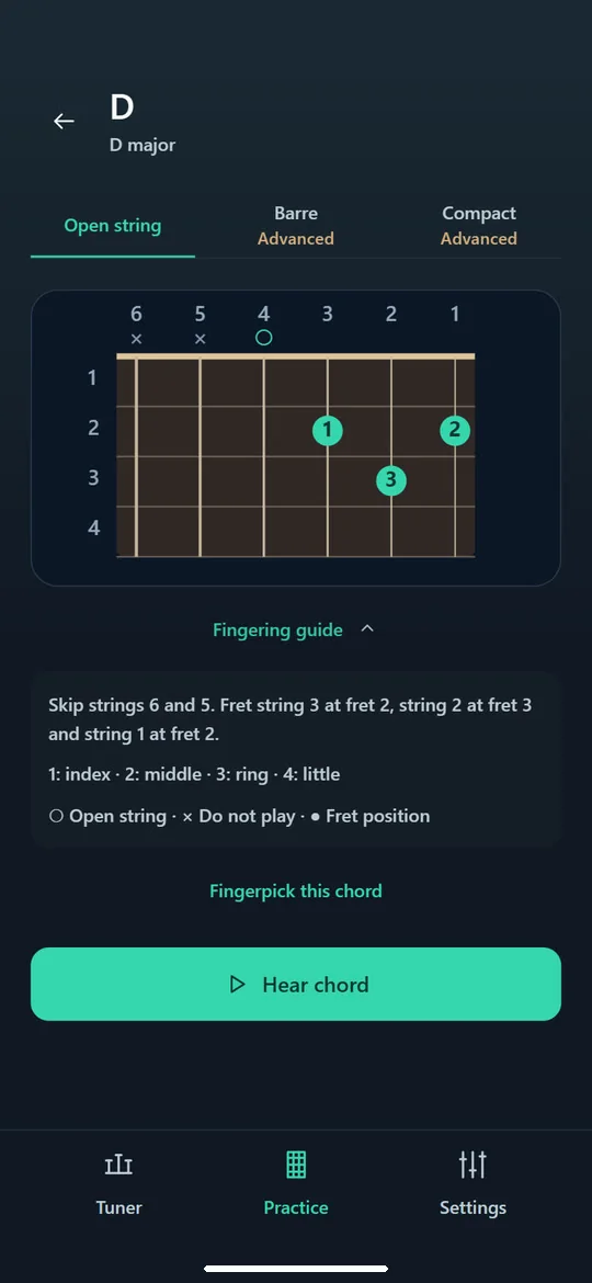 Guitar Tuner: Finger placement for chords