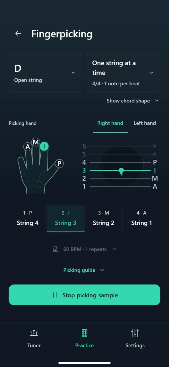 Guitar Tuner: See which finger plays each string