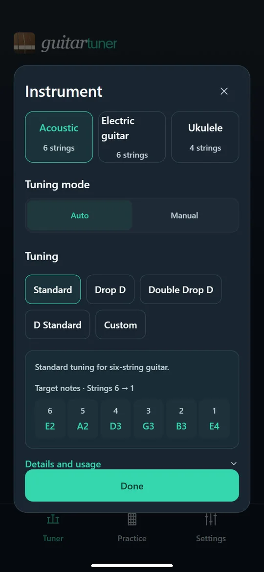 Guitar Tuner: Choose an instrument and tuning