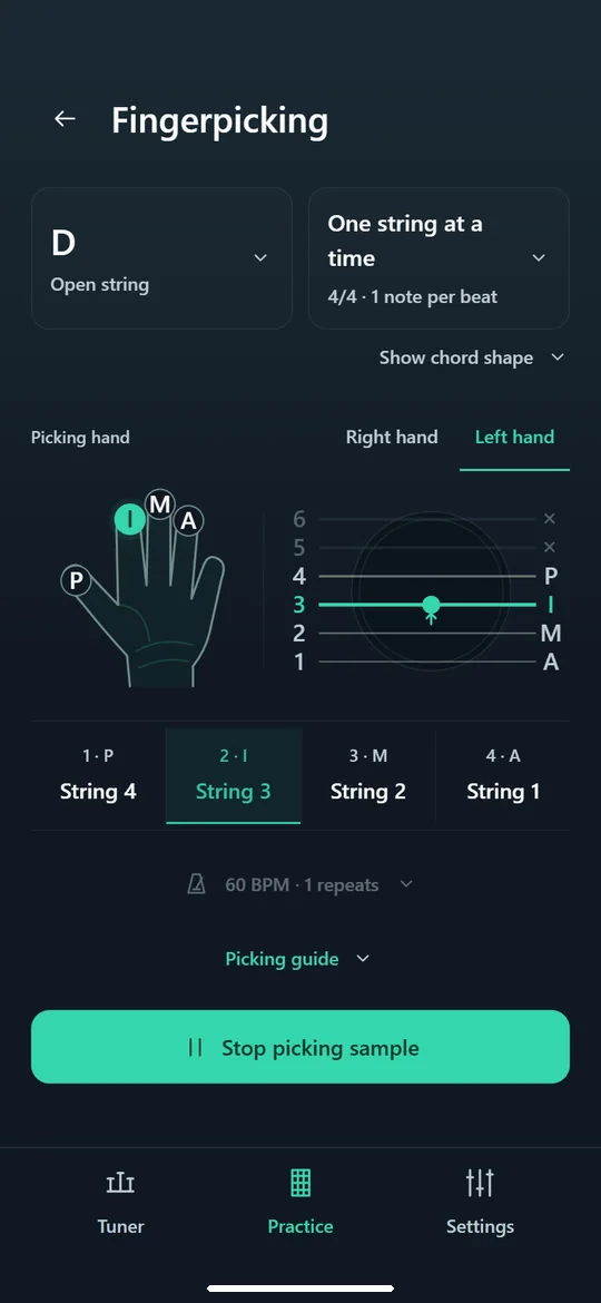Guitar Tuner: Follow the left-hand picking guide