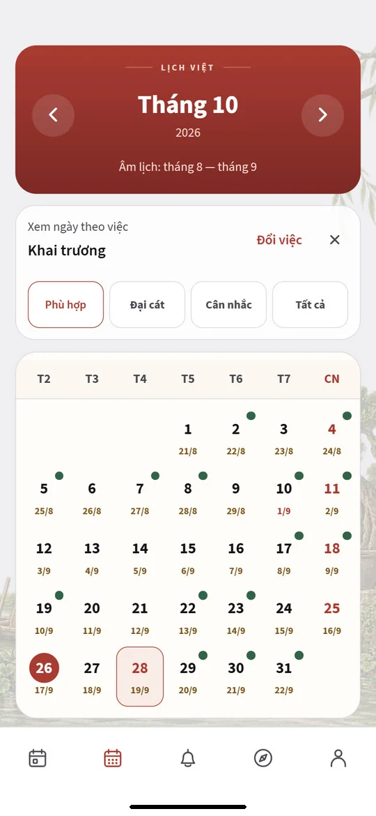 Vietnamese Calendar: Filter dates by activity