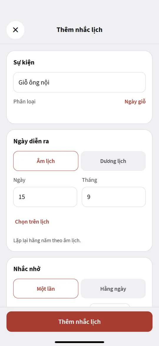 Vietnamese Calendar: Set a lunar anniversary reminder