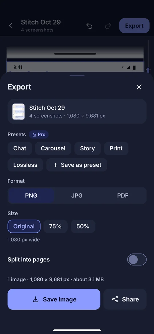 StitchFlow: Save as PNG, JPG or PDF