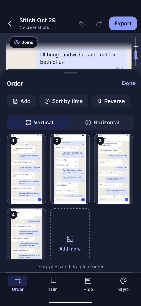 StitchFlow: Reorder or sort by time