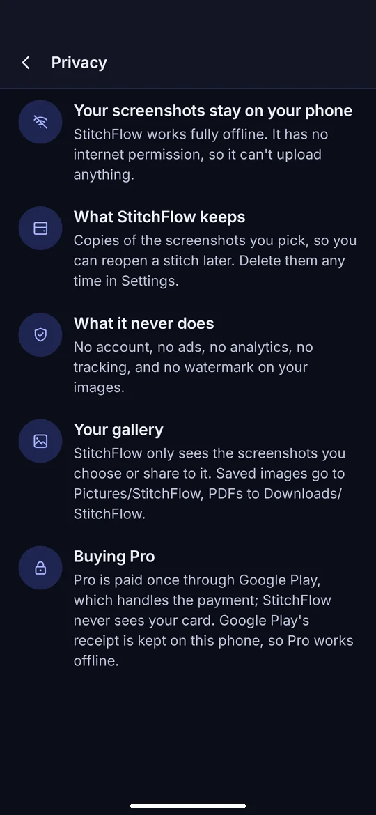 StitchFlow: Your screenshots stay on your phone